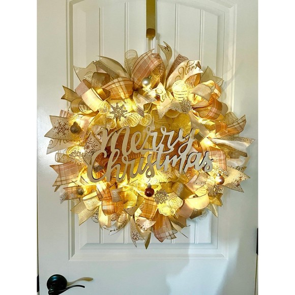 Christmas Snowflake Holiday Ribbon Door Wreath Handmade 22 ins LED W12 Gold Pink - Picture 10 of 12